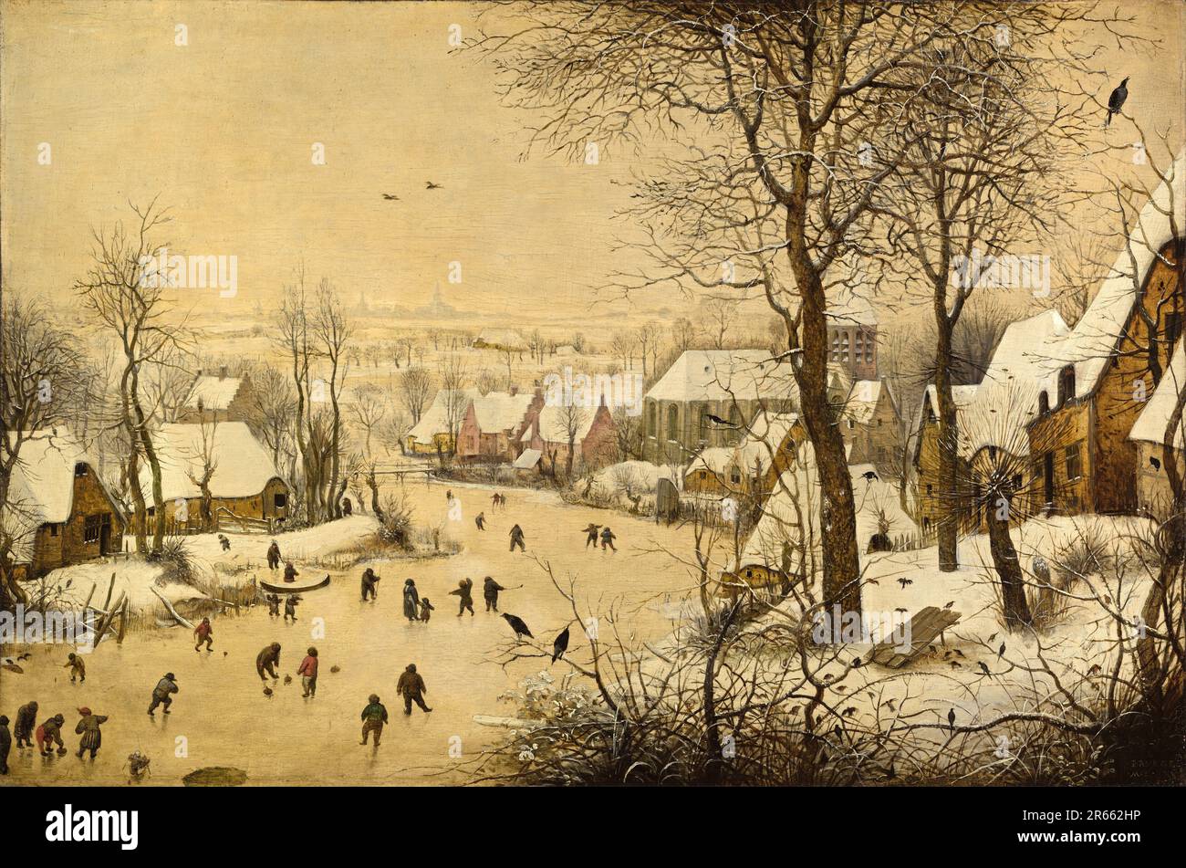 Winter Landscape with Skaters and a Bird Trap painted by the Dutch Renaissance painter Pieter Breughel the Elder in 1565. Breughel was the most important painter of the Dutch and Flemish Renaissance. His choice of subjects was influential, he rejected portraits and religious scenes in favour of local and peasant scenes. Stock Photo