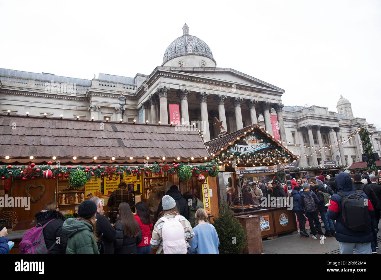 Christmas markets are seen in Trafalgar Square, central London. Stock Photo