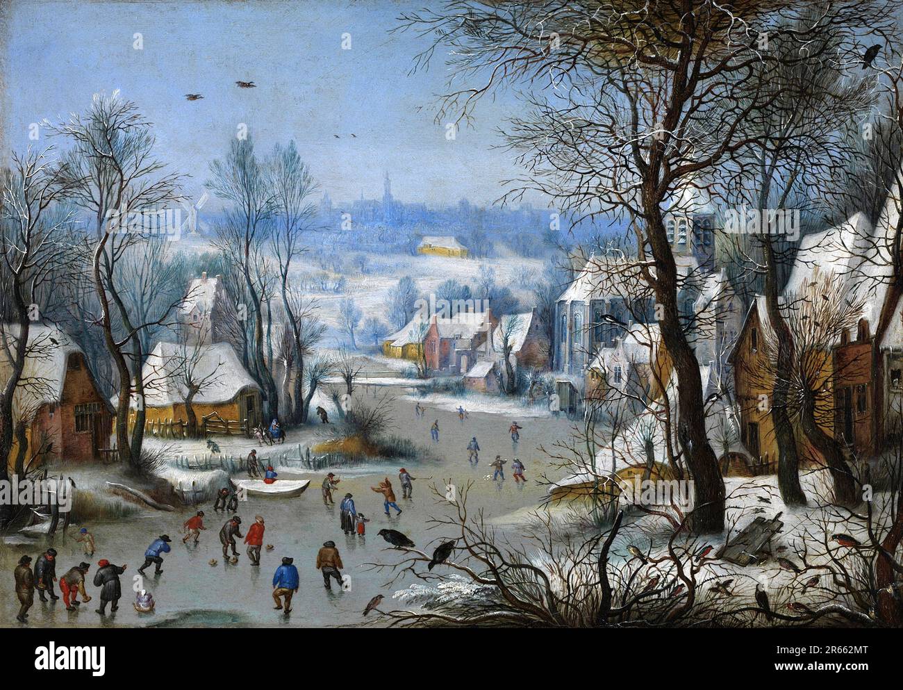 Winter Landscape with Skaters and a Bird Trap painted by the Dutch Renaissance painter Pieter Breughel the Elder in 1565. Breughel was the most important painter of the Dutch and Flemish Renaissance. His choice of subjects was influential, he rejected portraits and religious scenes in favour of local and peasant scenes. Stock Photo