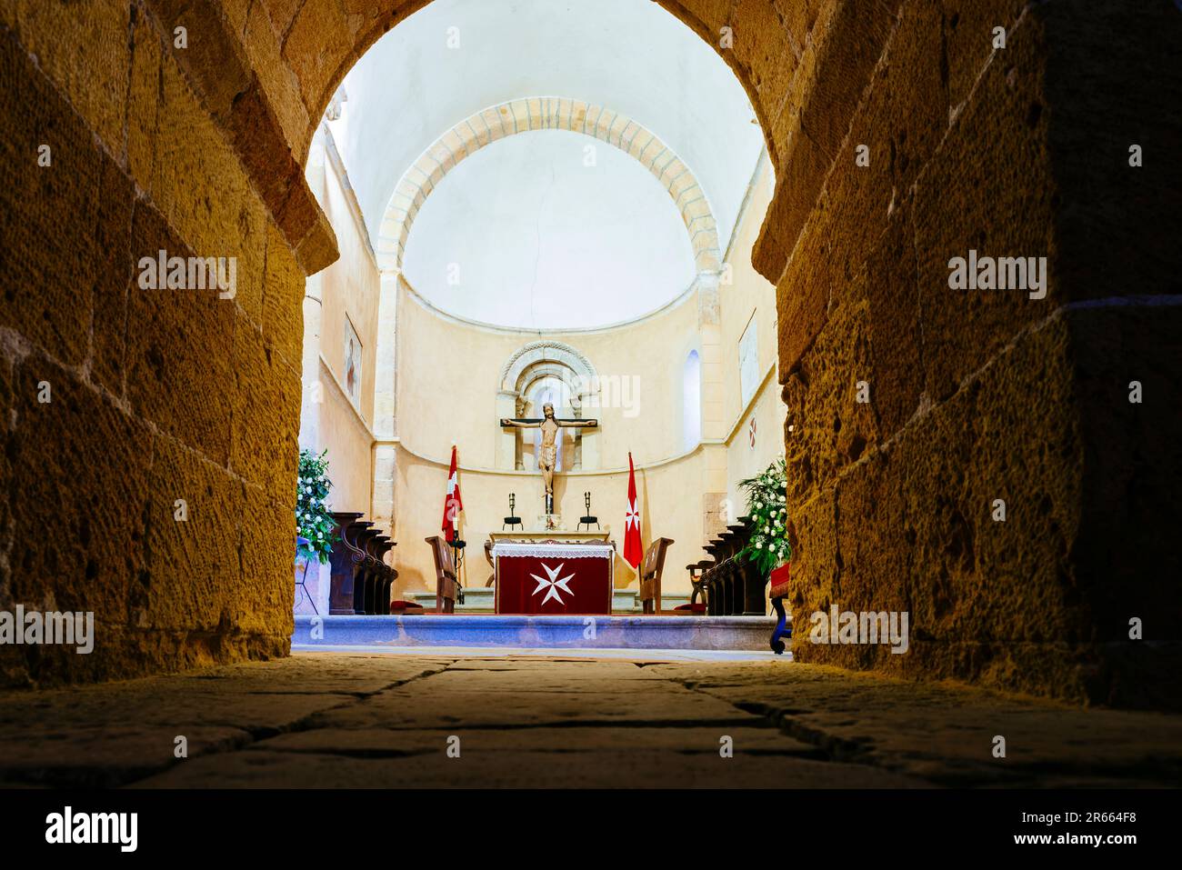 High altar. Interior of Church of the True Cross, Iglesia de la Vera Cruz, is a Roman Catholic church located in the San Marcos district of the city o Stock Photo