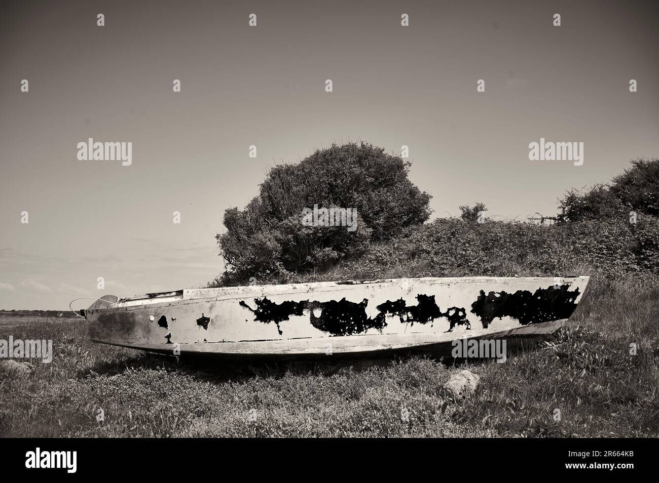 Old fibreglass boat left high and dry on river estuary Stock Photo Alamy
