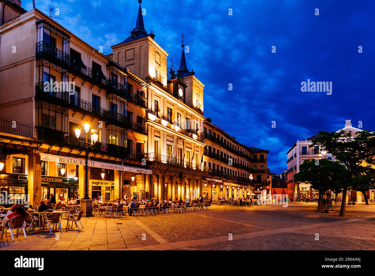 The Main Square at dusk. Town Hall of Segovia is the headquarters building of the city council of the city of Segovia, Castilla y León, Spain, Europe Stock Photo