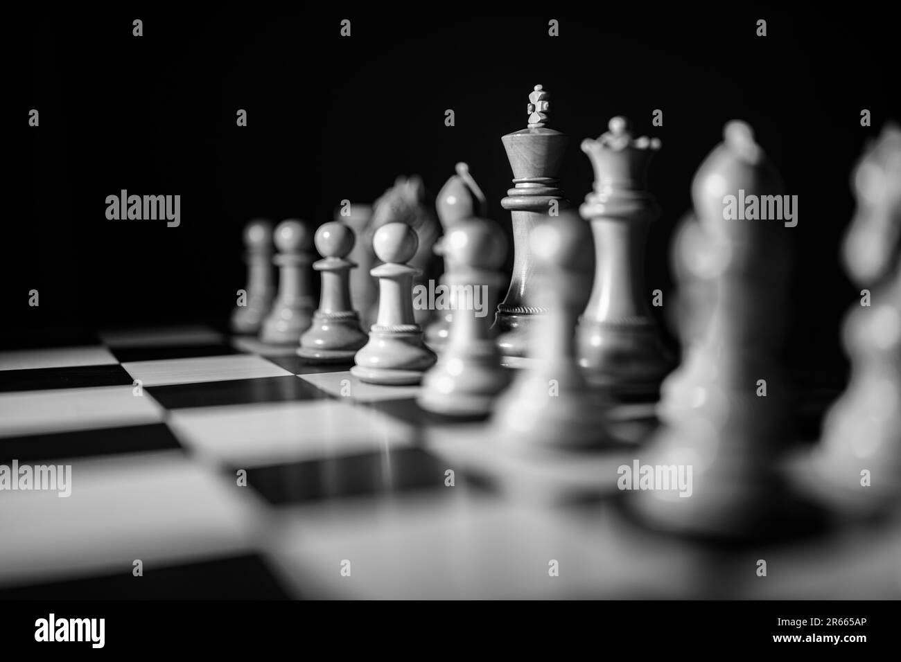 Close up macro photography of a chess board in black and white Stock Photo