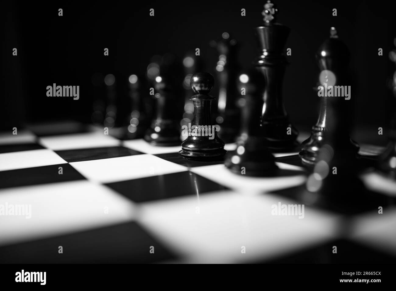 Close up macro photography of a chess board in black and white Stock Photo