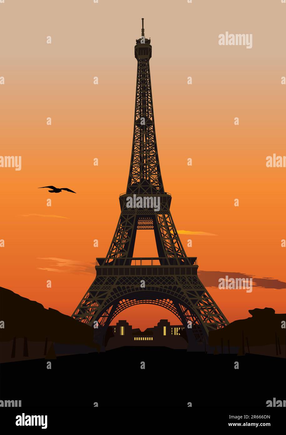 Vector illustration of Eiffel tower at sunset. Paris, France Stock Vector