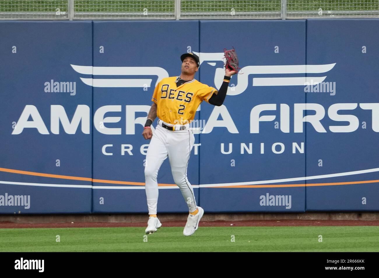 Salt Lake UT, USA. 6th June, 2023. Salt Lake left fielder Jordyn Adams (2)  makes a play during the game with Round Rock Express and Salt Lake Bees  held at Smiths Field