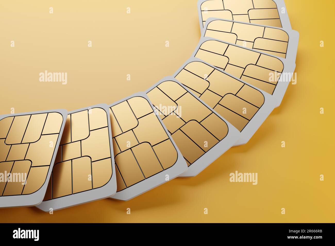 Unbranded white nano 5G smartphone SIM cards arranged in a fan shape on yellow background. Untraceable anonymous SIM cards and telecommunication Stock Photo