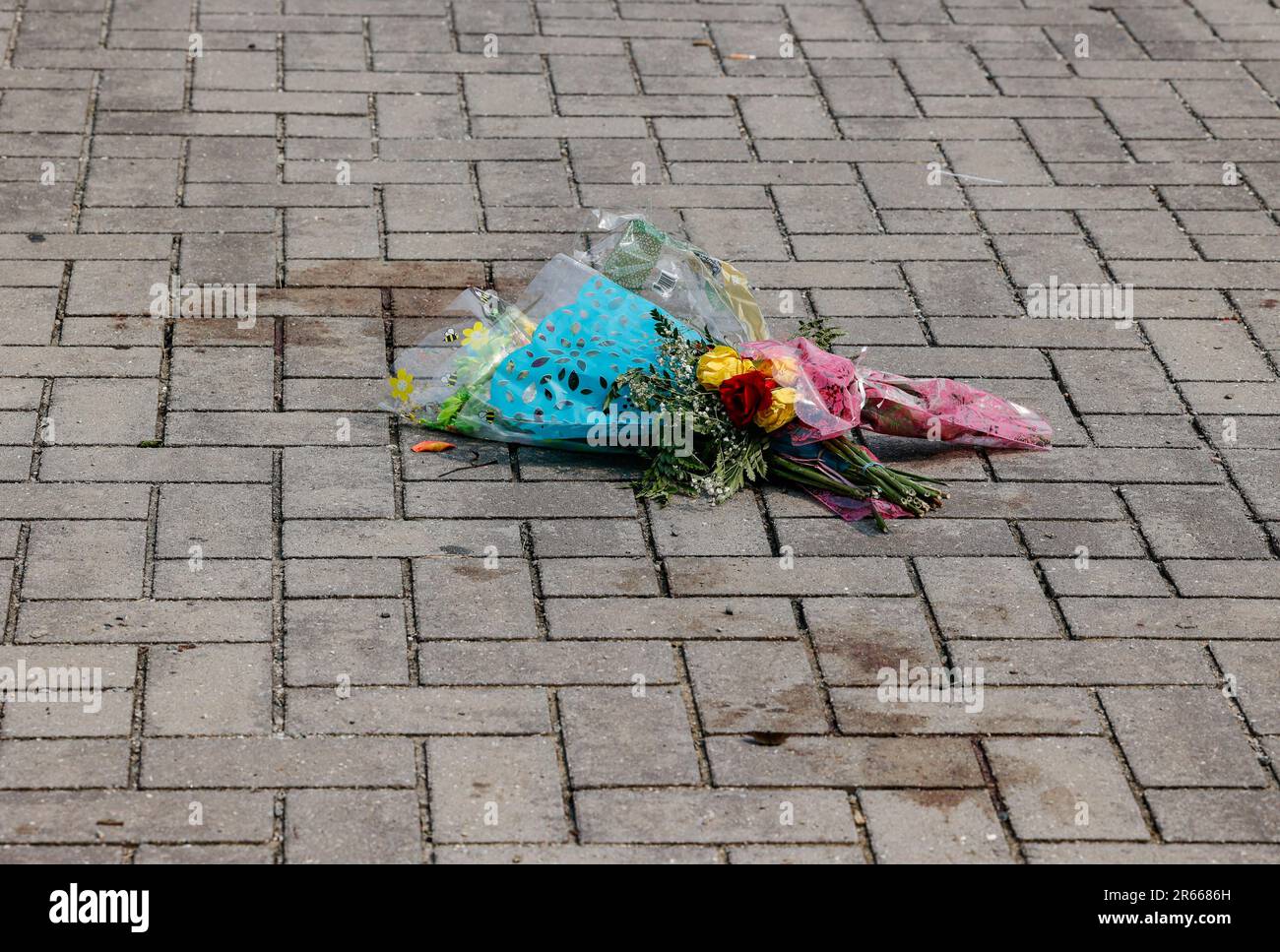Flowers and blood stains mark the scene at Monroe Park where 18 
