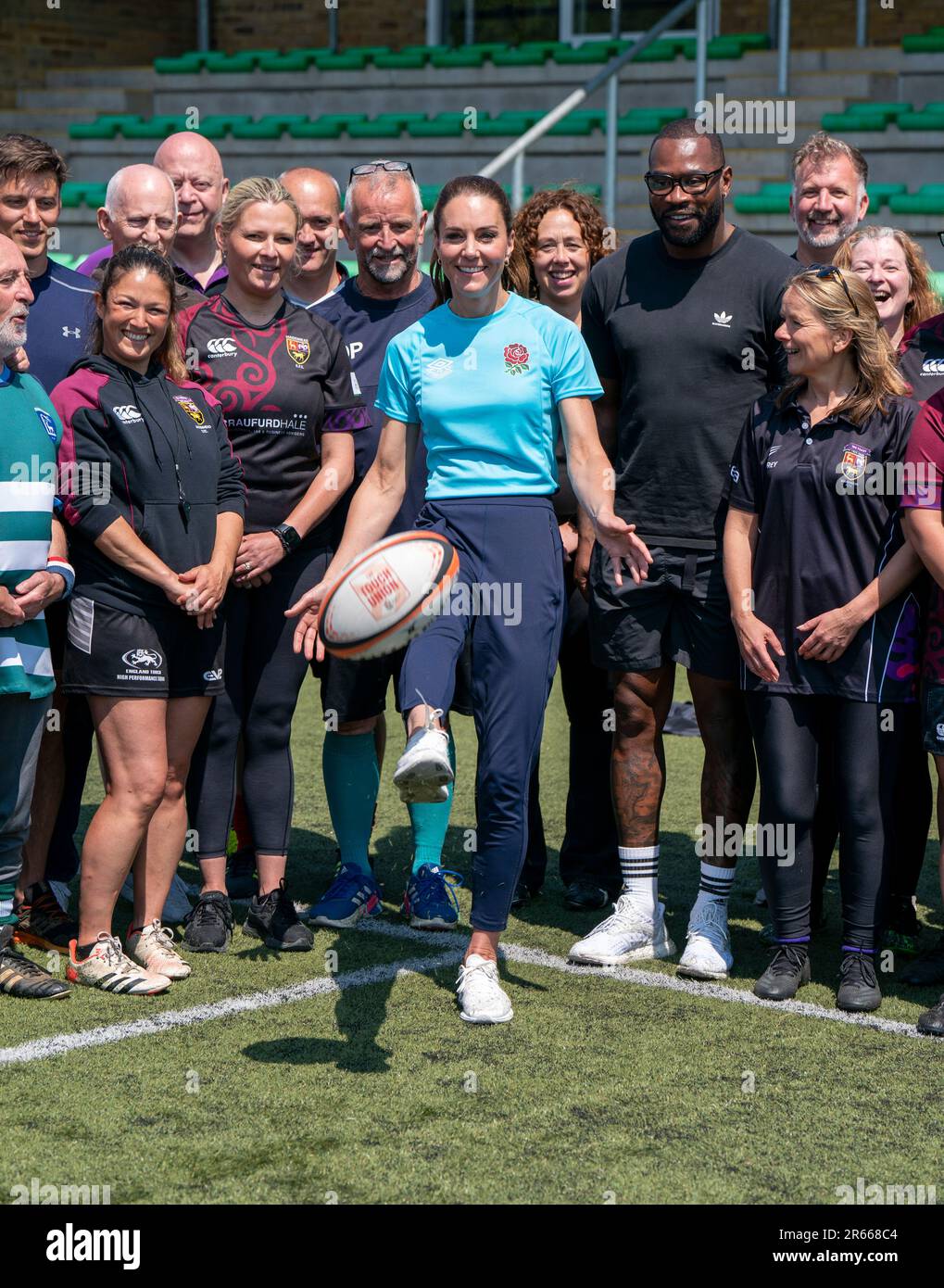 The Princess of Wales with Shaping Us champion, and former England rugby  player Ugo Monye, during a visit to Maidenhead Rugby Club, Berkshire, to  meet local and national male rugby players and