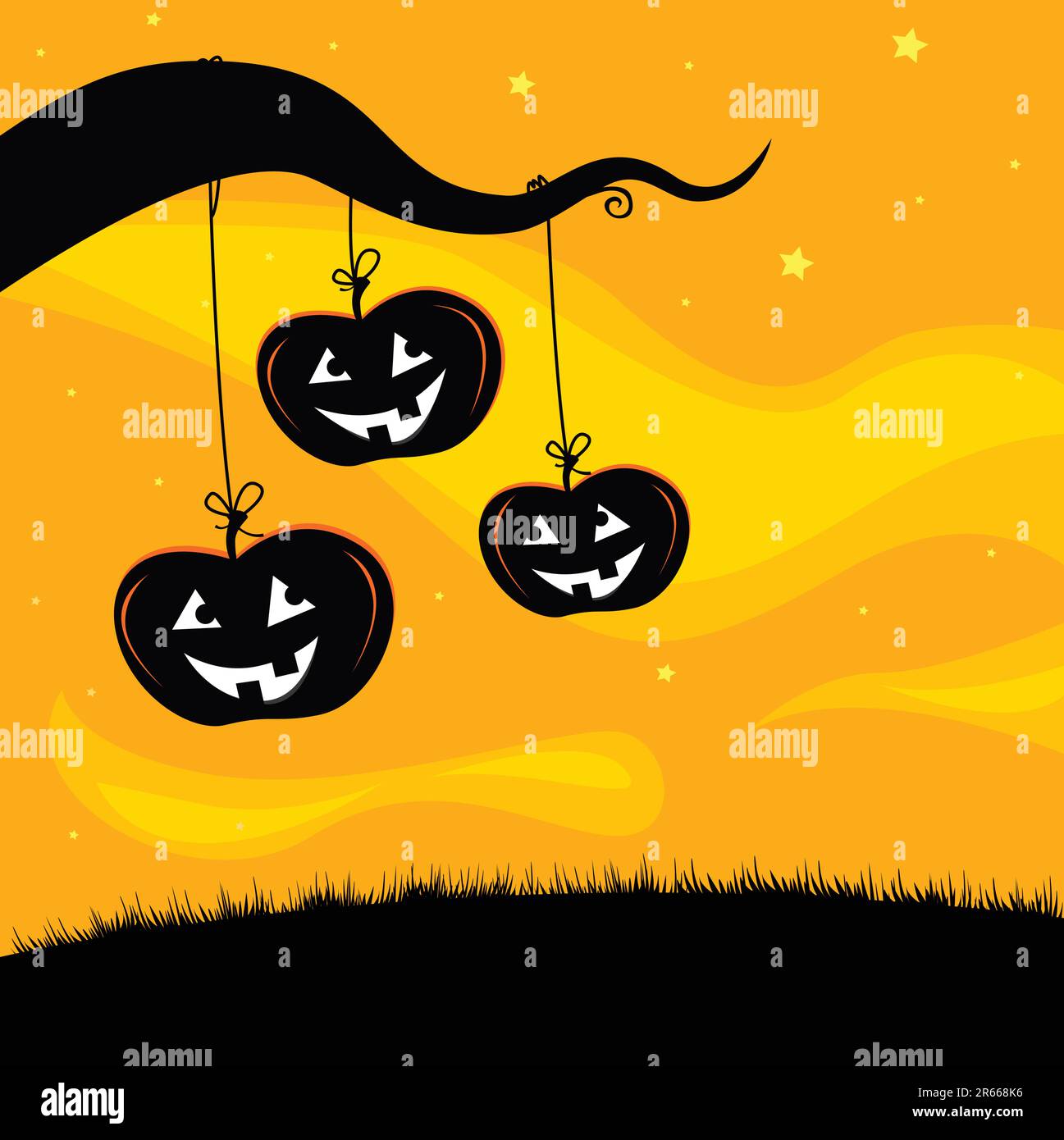 Pumpkin heads hanging from tree branch. Scary halloween background