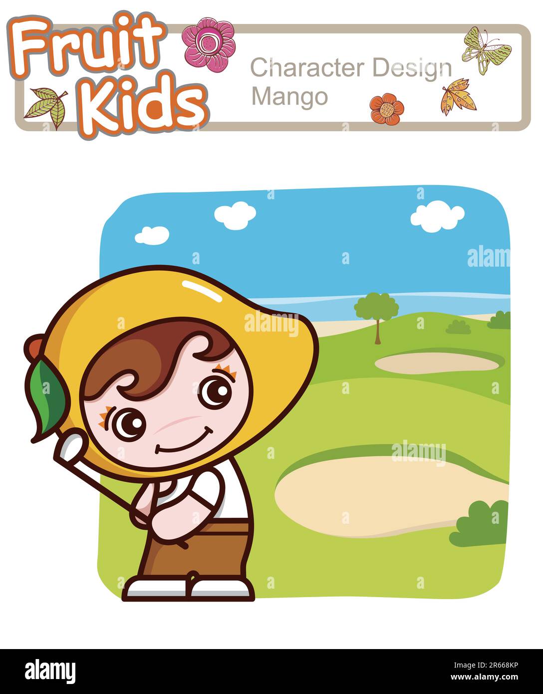 Active kid playing golf outdoor. Stock Vector
