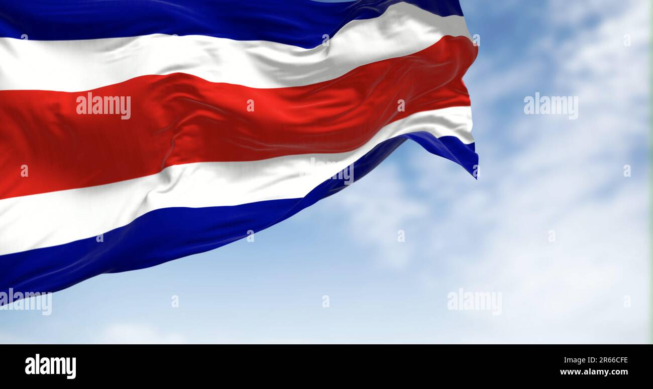 Closeup view of the Costa Rica national civil flag waving. Blue, white, red, white, blue