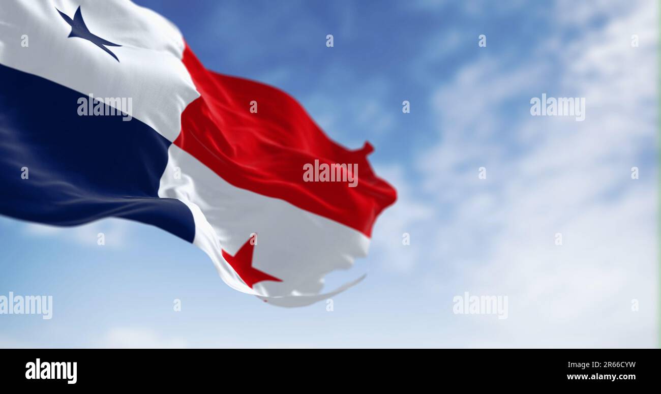 Panama national flag waving in the wind on a clear day. The Republic of Panama is a State of Central America. Rippled fabric. Selective focus. 3d illu Stock Photo