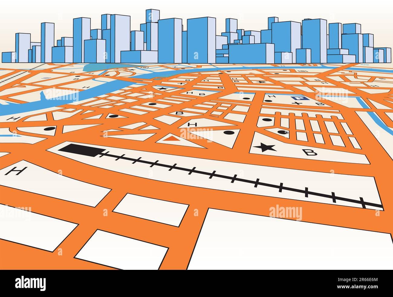 Vector streetmap of a generic city plus skyline Stock Vector