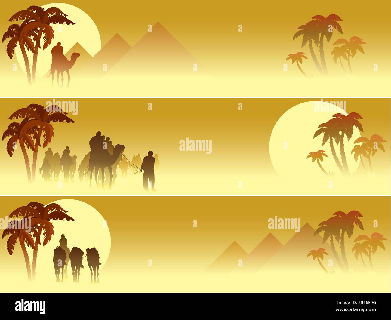 Set of three web banners: Camel caravan going through the desert Stock Vector
