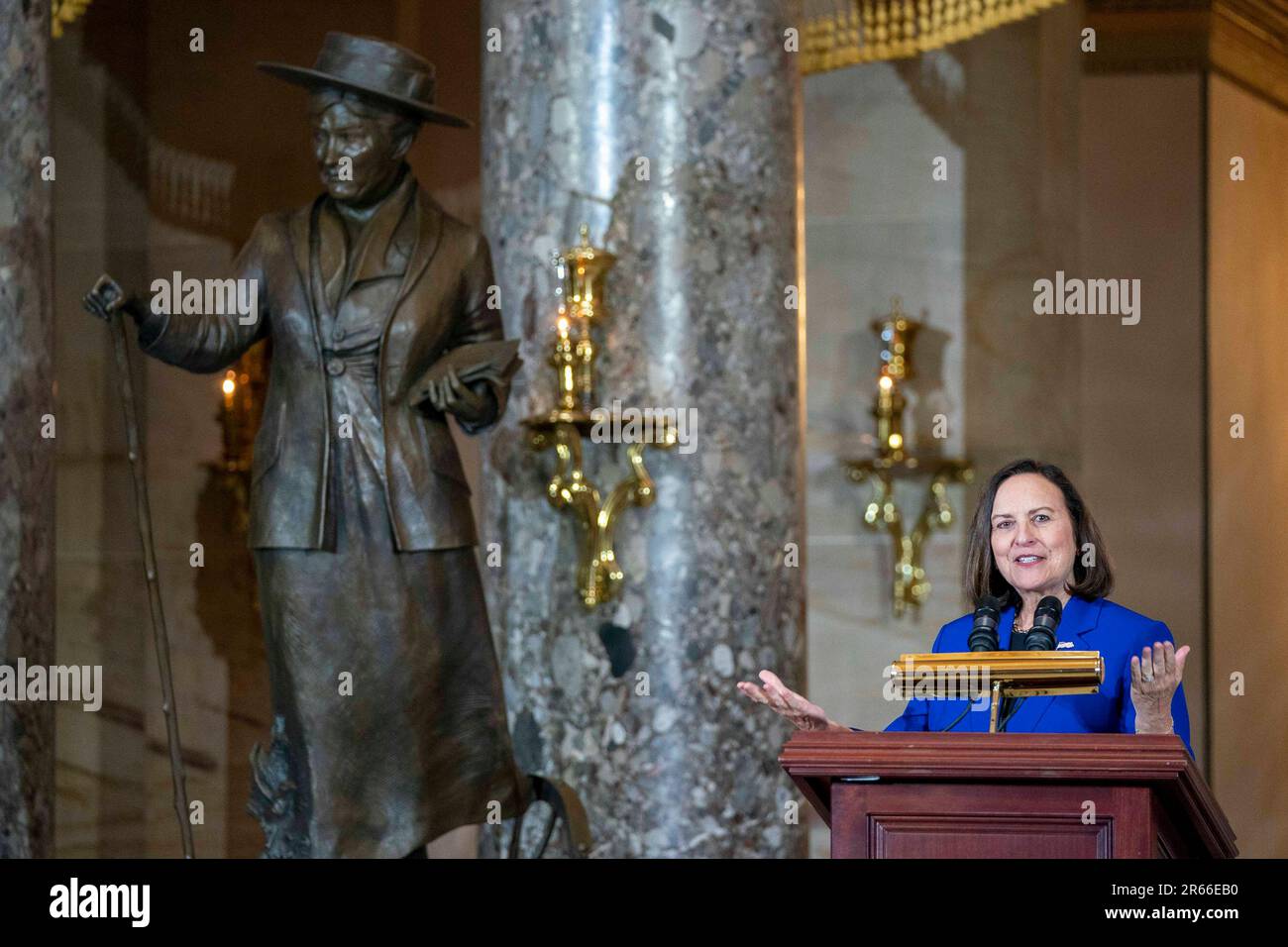 Washington, United States. 07th June, 2023. Sen. Deb Fischer, R-NE, speaks during a statue unveiling ceremony for American Writer Willa Cather, known for writing about America's Great Plains and the pioneer experience, at the U.S. Capitol in Washington, DC on Wednesday, June 7, 2023. Photo by Bonnie Cash/UPI Credit: UPI/Alamy Live News Stock Photo