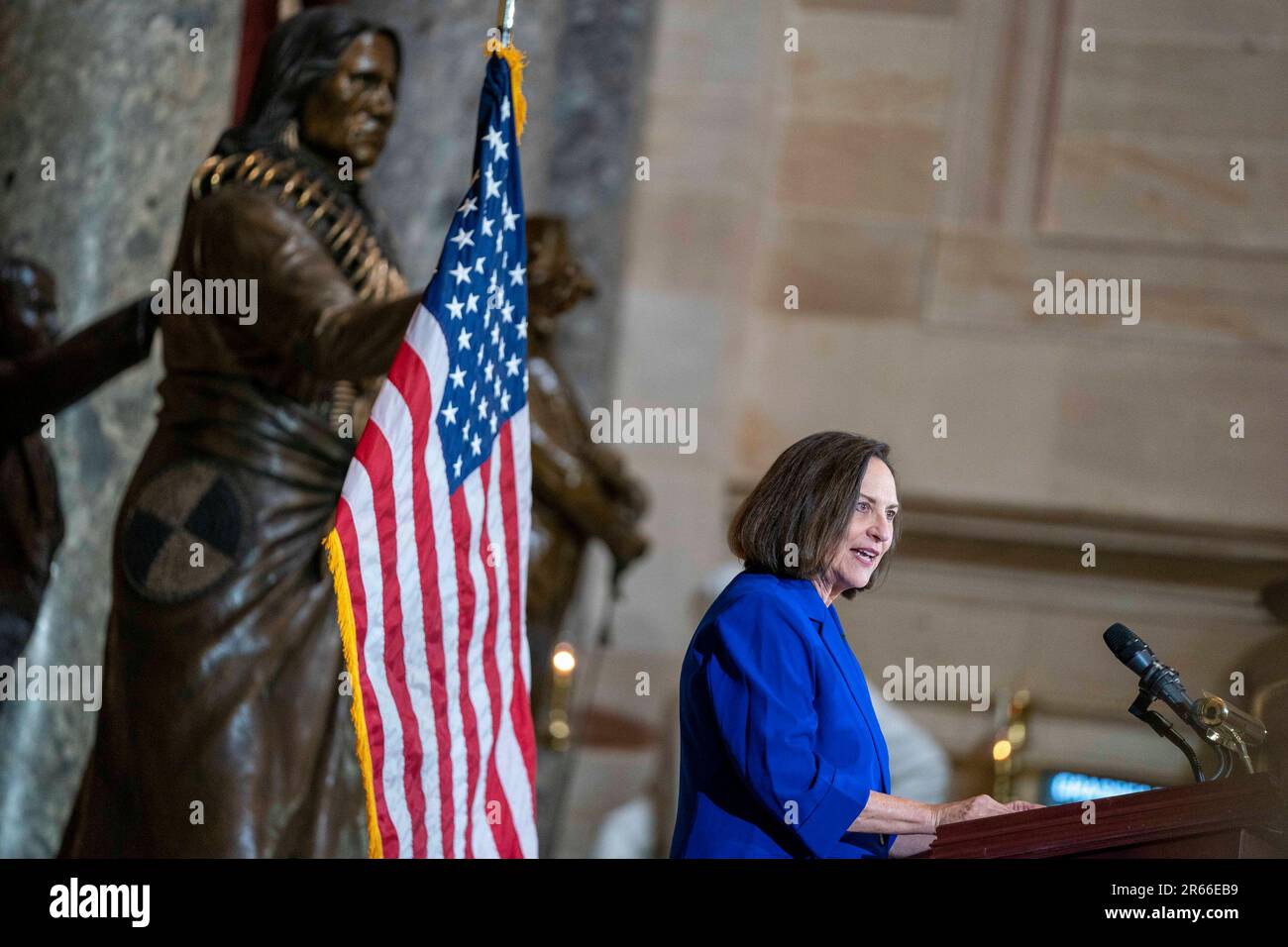 Washington, United States. 07th June, 2023. Sen. Deb Fischer, R-NE, speaks during a statue unveiling ceremony for American Writer Willa Cather, known for writing about America's Great Plains and the pioneer experience, at the U.S. Capitol in Washington, DC on Wednesday, June 7, 2023. Photo by Bonnie Cash/UPI Credit: UPI/Alamy Live News Stock Photo
