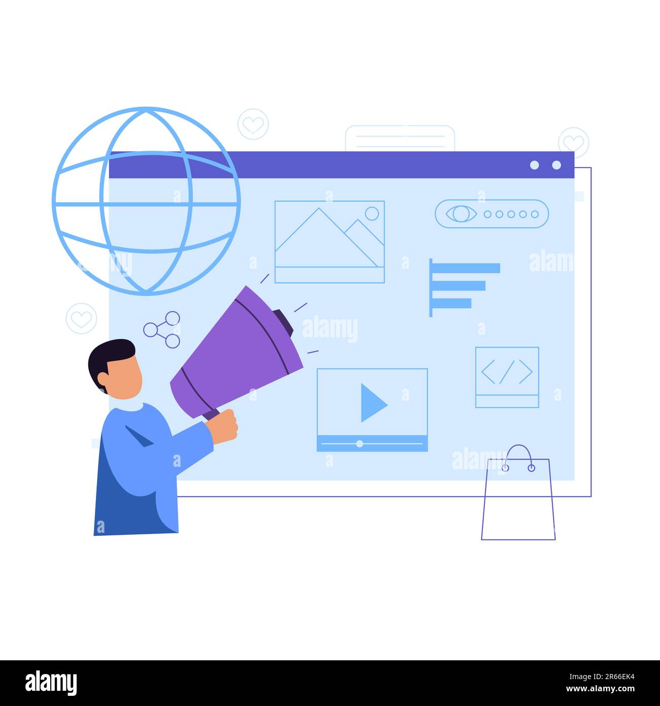 Businessman with megaphone on website. Digital marketing, advertising