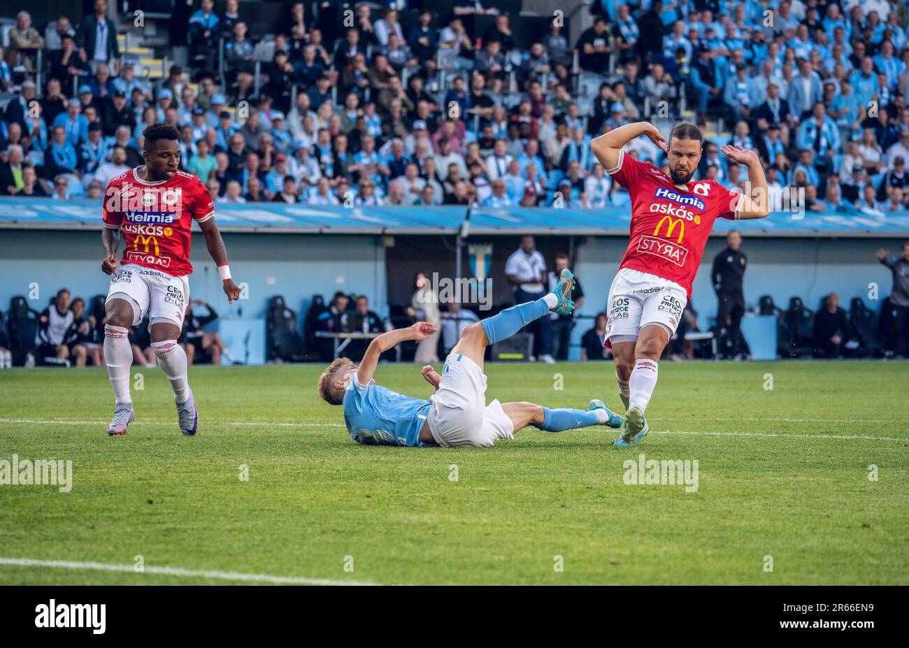 Malmoe, Sweden. 05th, June 2023. Hugo Bolin (38) of Malmoe FF and Abdelkarim Mammar Chaouche (3) of Degerfors seen during the Allsvenskan match between Malmoe FF and Degerfors at Eleda Stadion in Malmoe. (Photo credit: Gonzales Photo - Joe Miller). Stock Photo