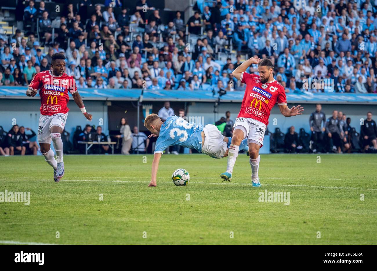 Malmoe, Sweden. 05th, June 2023. Hugo Bolin (38) of Malmoe FF and Abdelkarim Mammar Chaouche (3) of Degerfors seen during the Allsvenskan match between Malmoe FF and Degerfors at Eleda Stadion in Malmoe. (Photo credit: Gonzales Photo - Joe Miller). Stock Photo