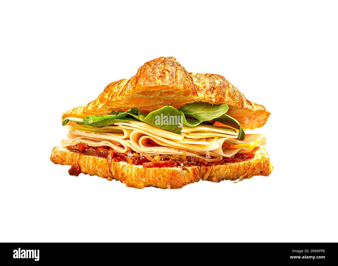 Fresh croissant sandwich with cheese and salad leaves isolated on white ...
