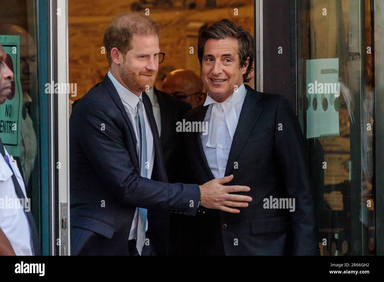 Royal Courts of Justice, London, UK. 7th June 2023. Prince Harry leaving the Royal Courts of Justice, with his lawyer, David Sherborne, following his second day giving testimony in the witness stand. The Duke of Sussex is suing Mirror Group Newspapers (MGN) for damages over alleged unlawful information gathering, including phone hacking and is the first senior British royal to give evidence in court for 130 years. Photo by Amanda Rose/Alamy Live News Stock Photo