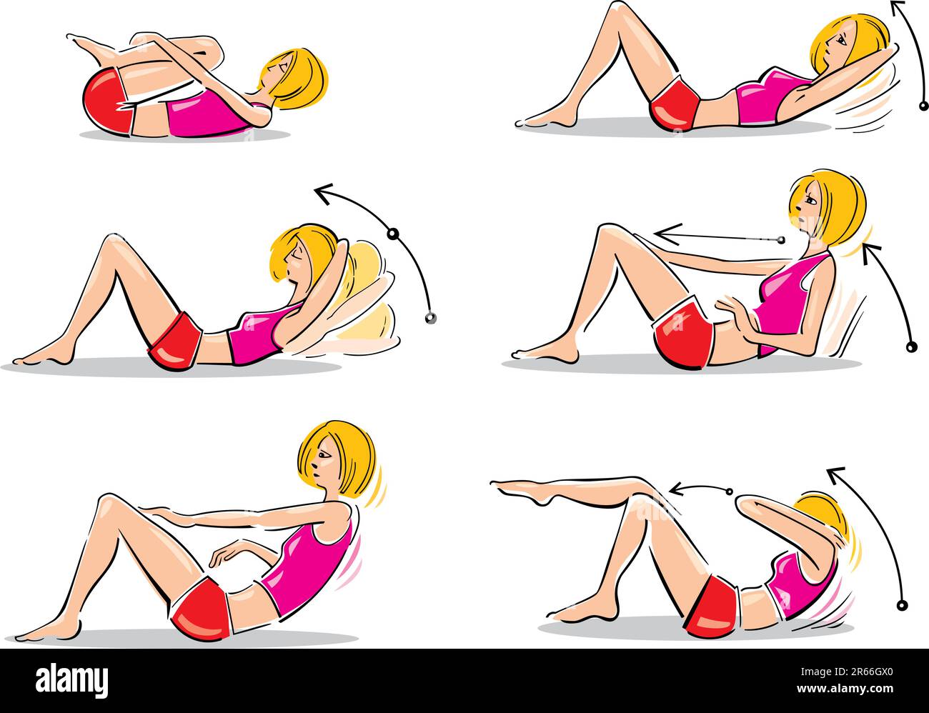 illustration of woman doing different doing abdominal exercises Stock