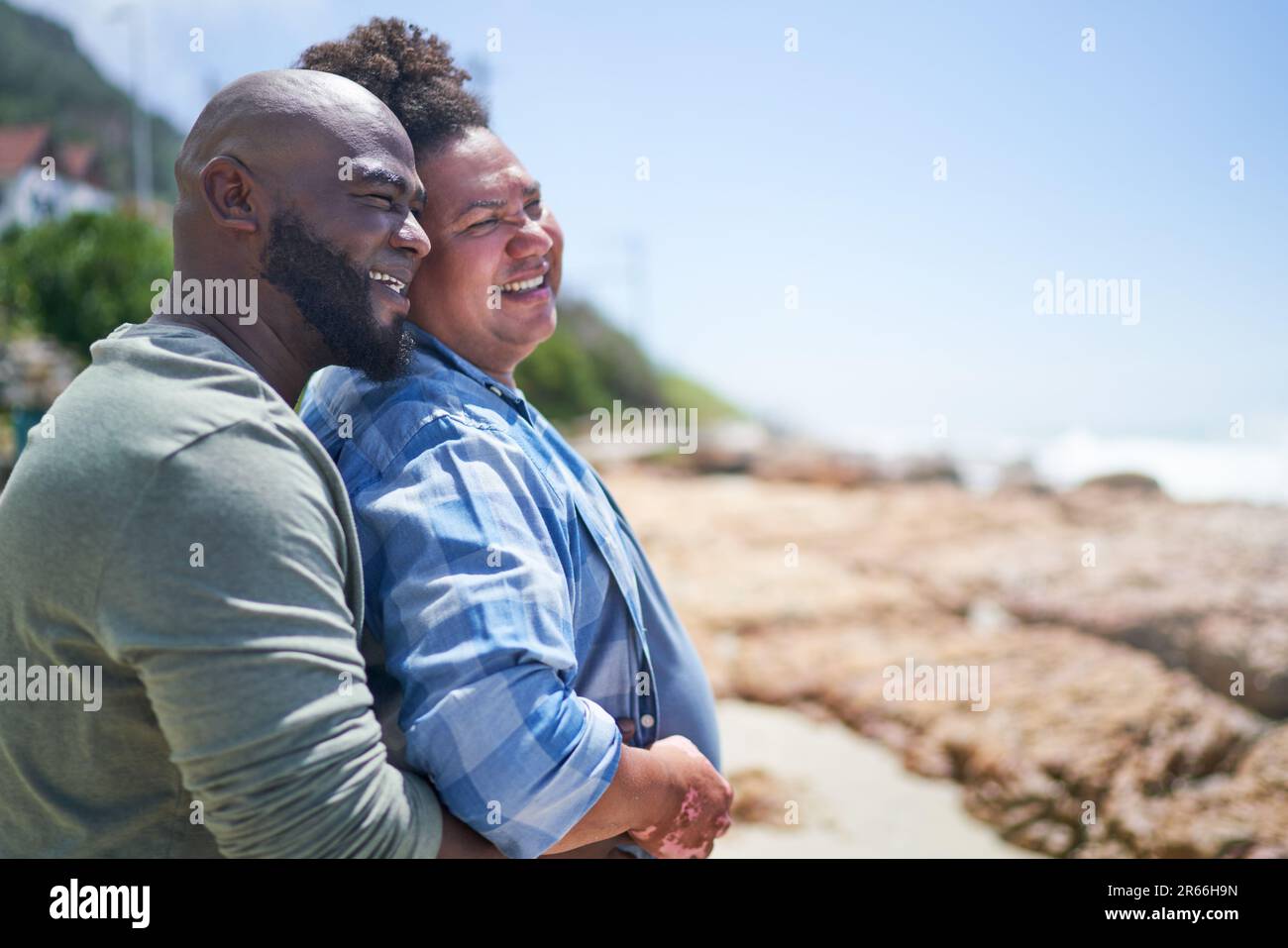 Happy, affectionate gay male couple hugging on sunny summer beach Stock Photo