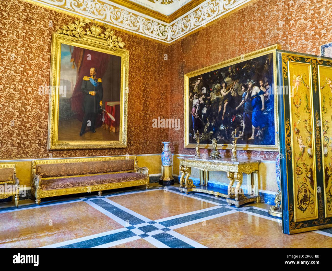 The Queen's room with his Neapolitans School paintings of the 17th-18th century - Royal Palace of Naples that In 1734 became the royal residence of the Bourbons - Naples, Italy Stock Photo
