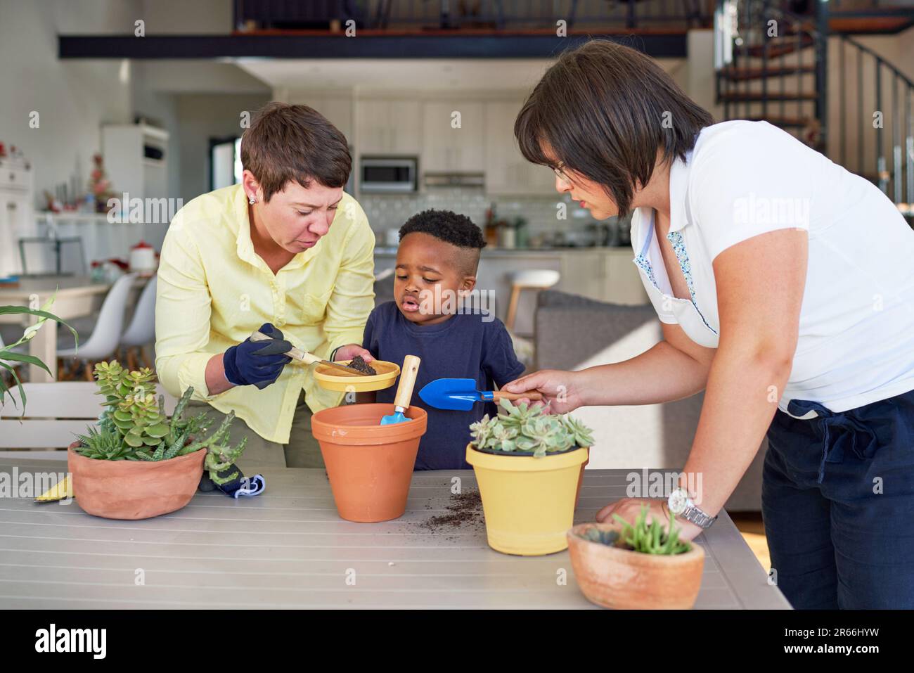 Lesbian couple and son planting plants in flowerpots at home Stock Photo