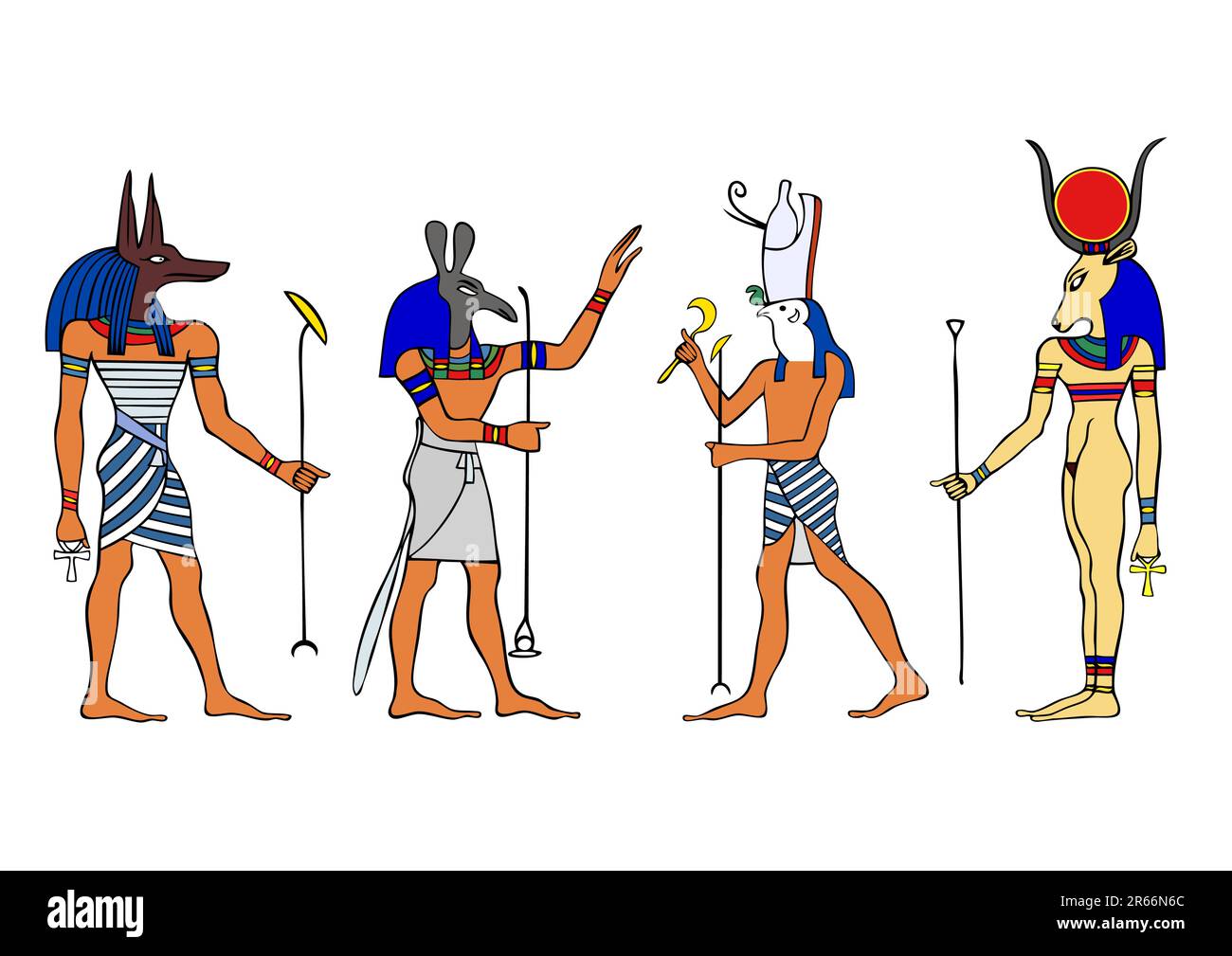 Various Egyptian Gods and Goddess.  Left to right: Anubis, Seth, Horus and Hathor.  Anubis - Yinepu - dog or jackal god of embalming and tomb-caret... Stock Vector
