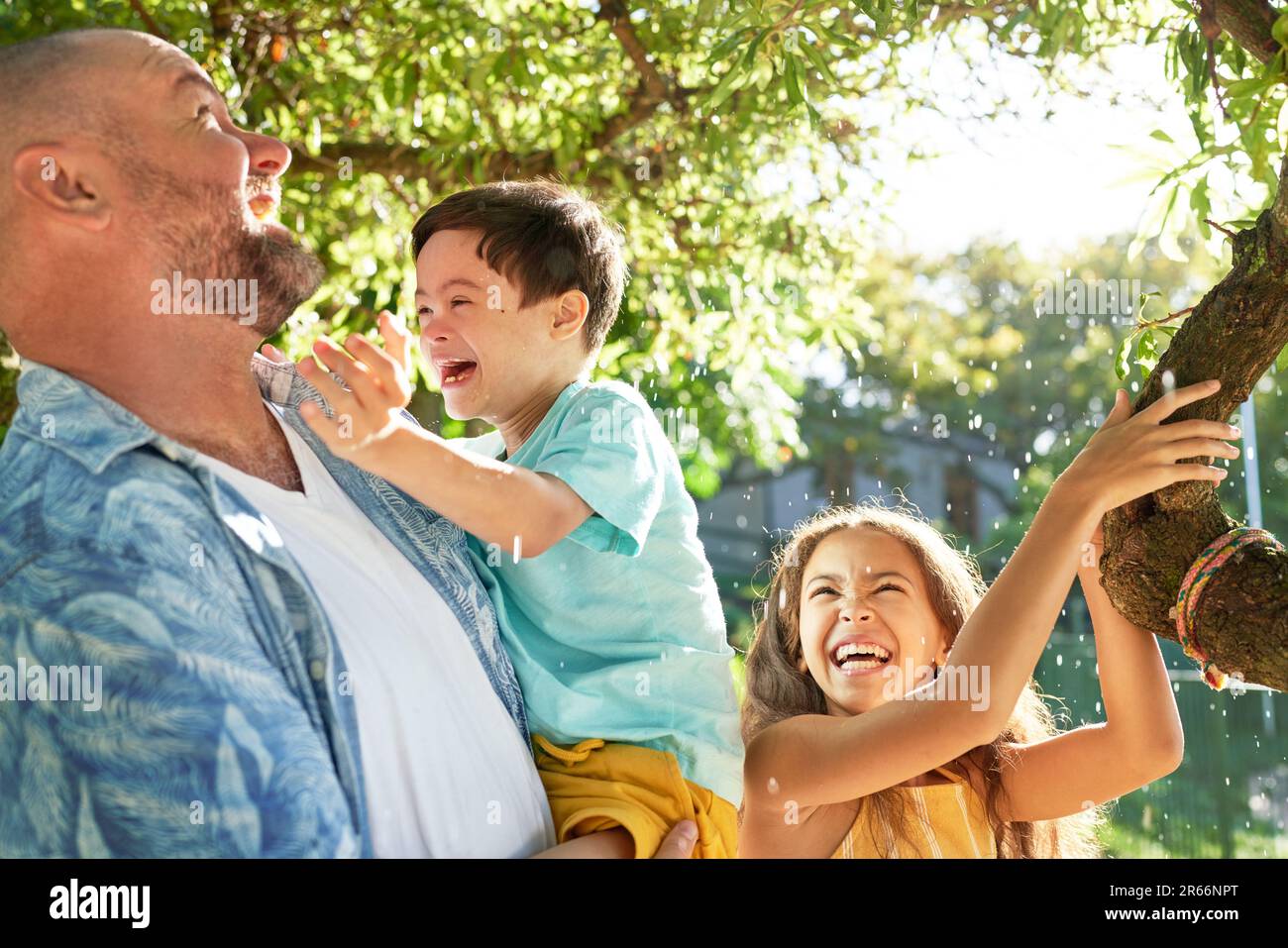 Happy family laughing below sunny summer tree Stock Photo