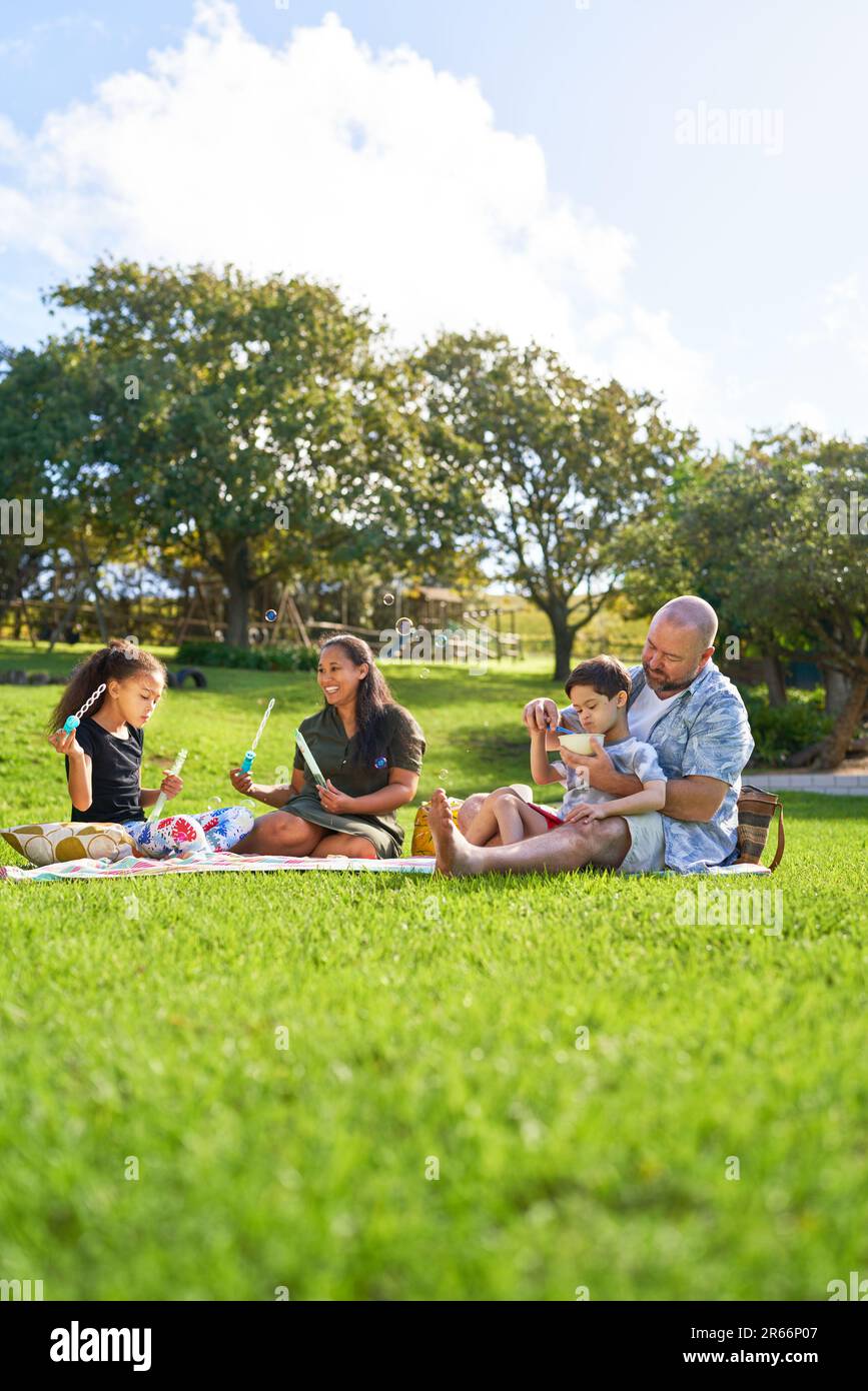 Family eating and blowing bubbles on summer park lawn Stock Photo