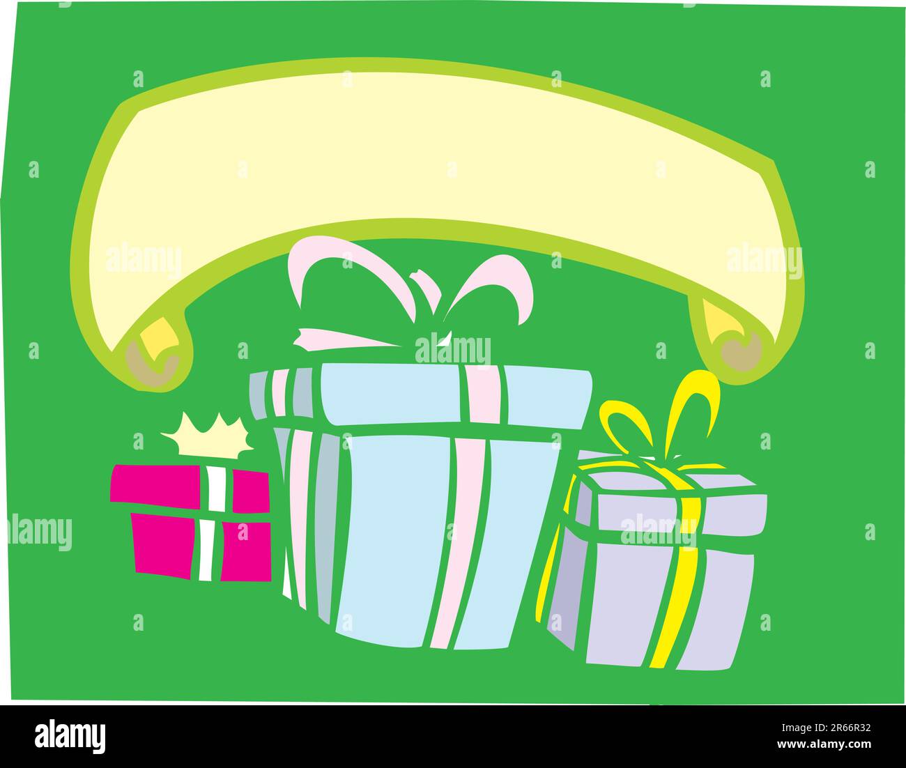 Birthday presents in several colors with a scroll banner. Stock Vector