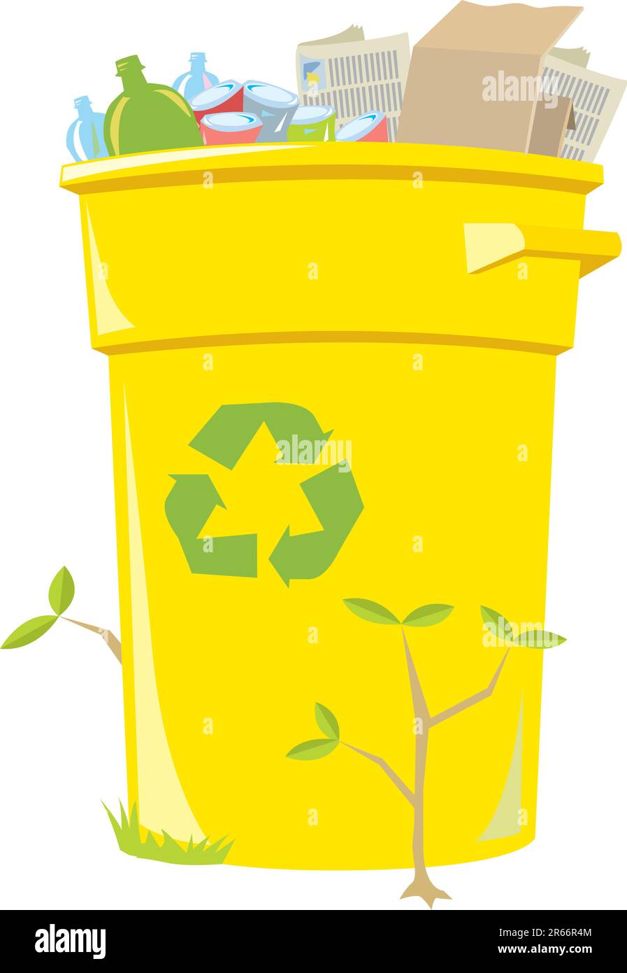 Filled curbside recycling bin with small plants growing around it. Stock Vector