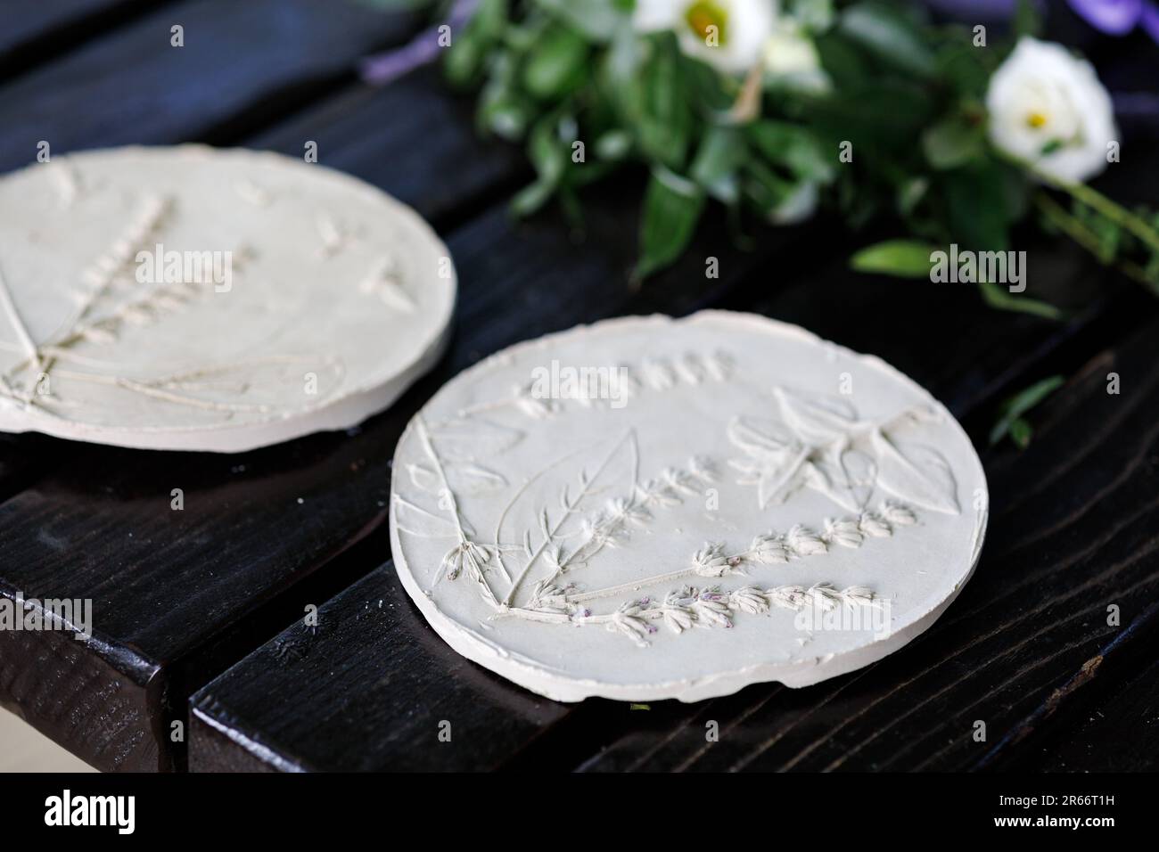 Creation of stencil ceramics with flowers and leaves of lavender and