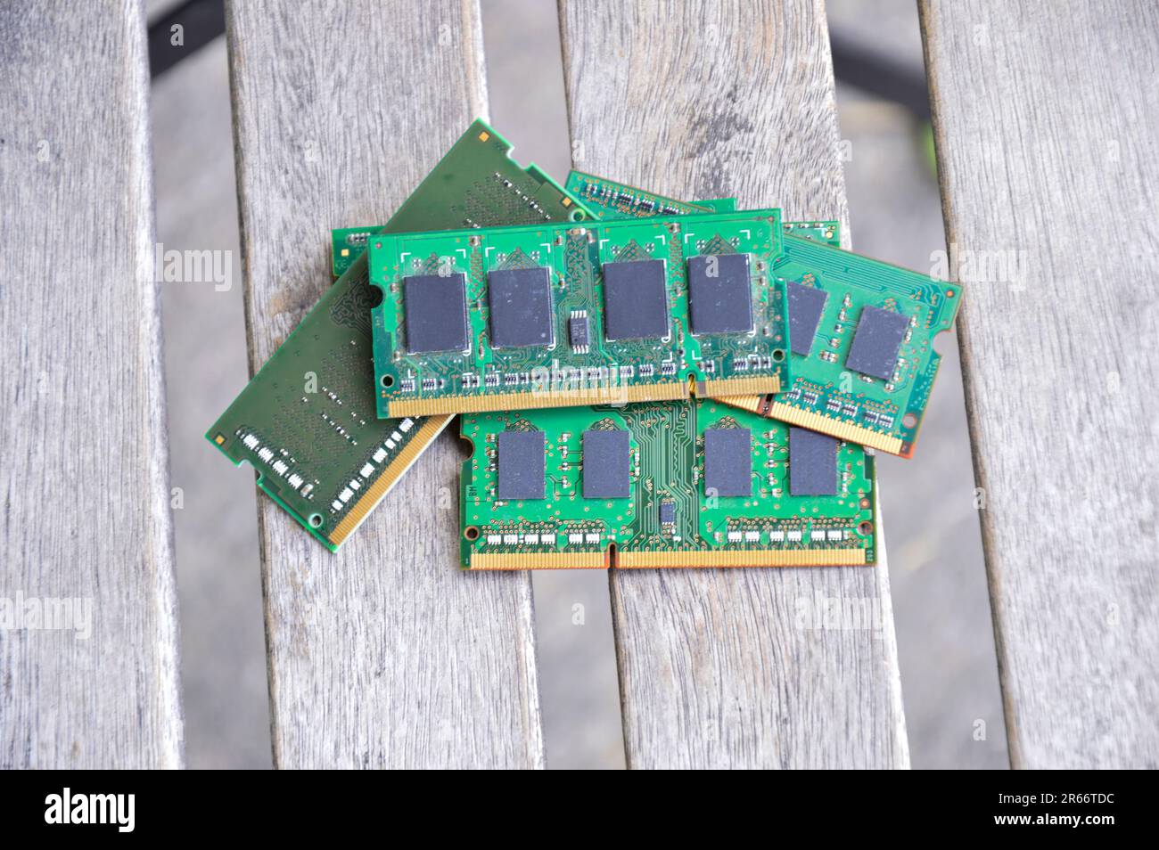 Top view. Laptop used RAM. Placed on an old wooden floor Stock Photo