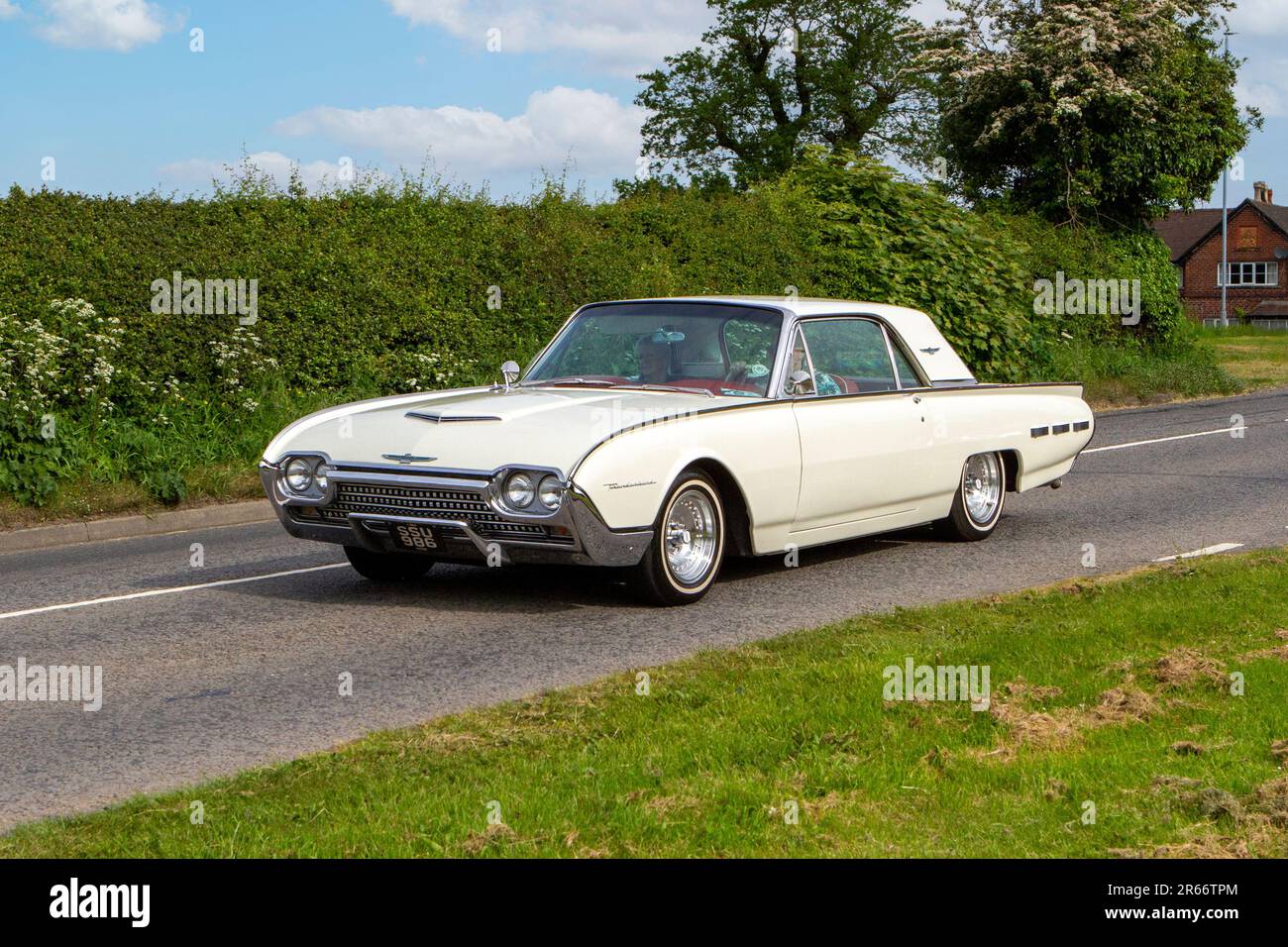 1962 White Ford Thunderbird 2-door Convertible. Classic vintage car, Yesteryear motors en route to Capesthorne Hall Vintage Collectors car show, UK Stock Photo