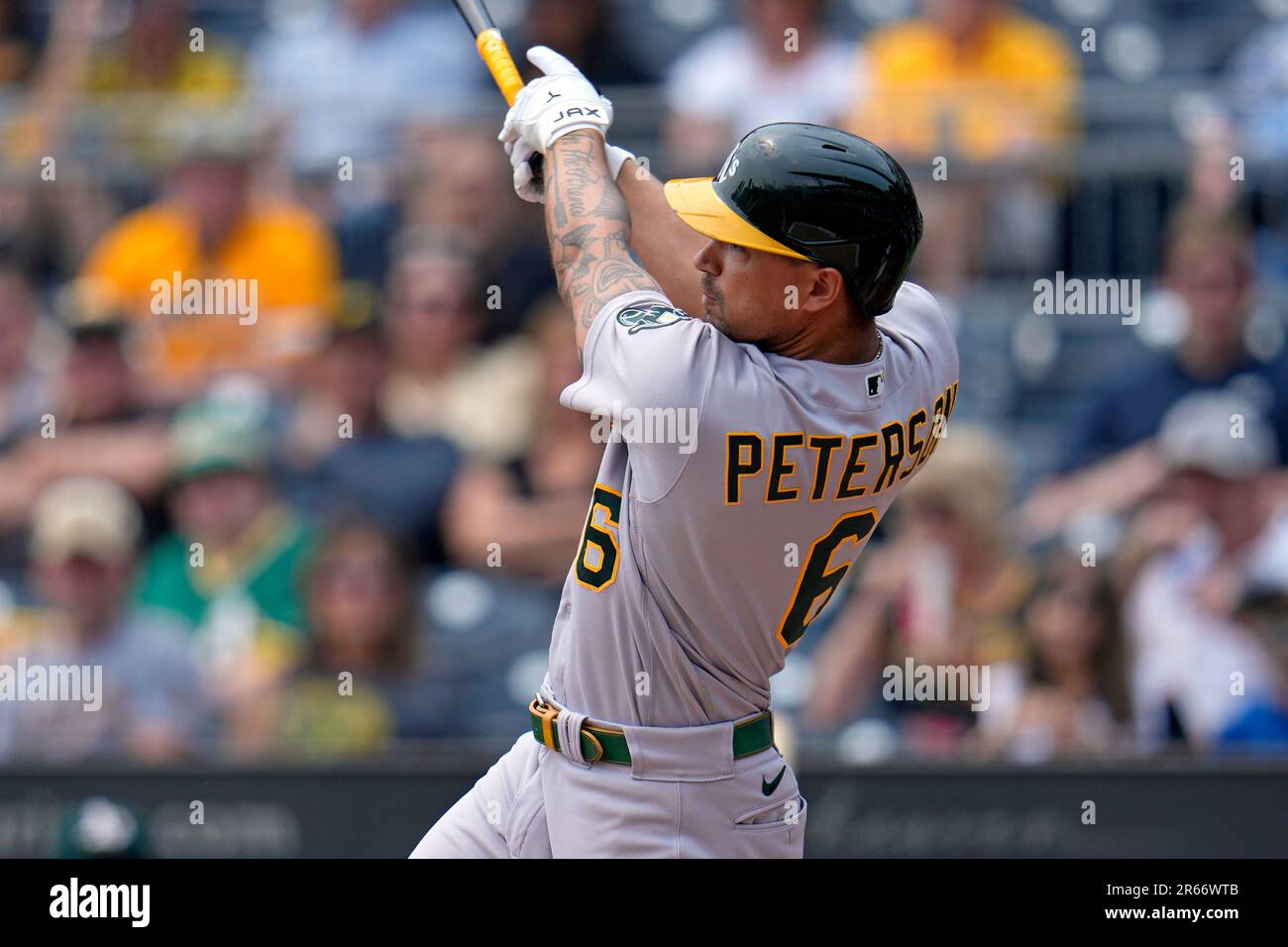 Oakland Athletics' Jace Peterson doubles off Pittsburgh Pirates