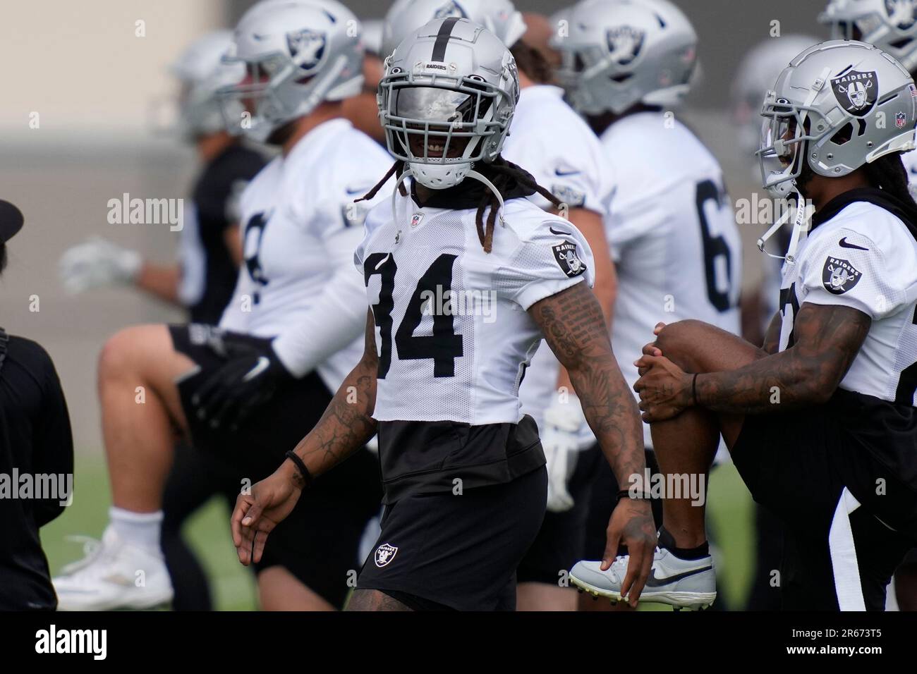 Las Vegas Raiders running back Brandon Bolden (34) warms up during an