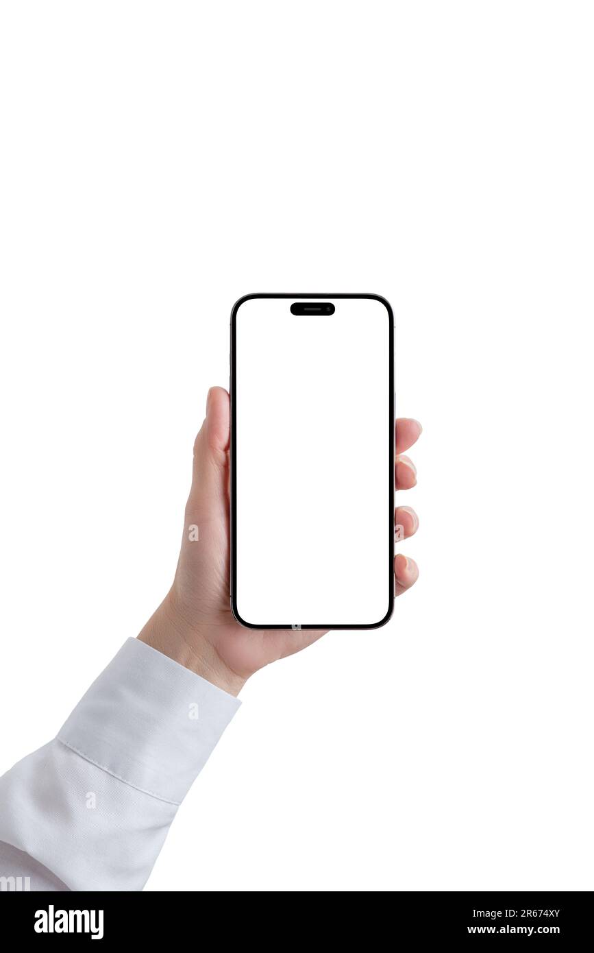 Hand holding a smartphone with a sleek white isolated screen, perfect for app presentations and mockup. White shirt sleeve Stock Photo