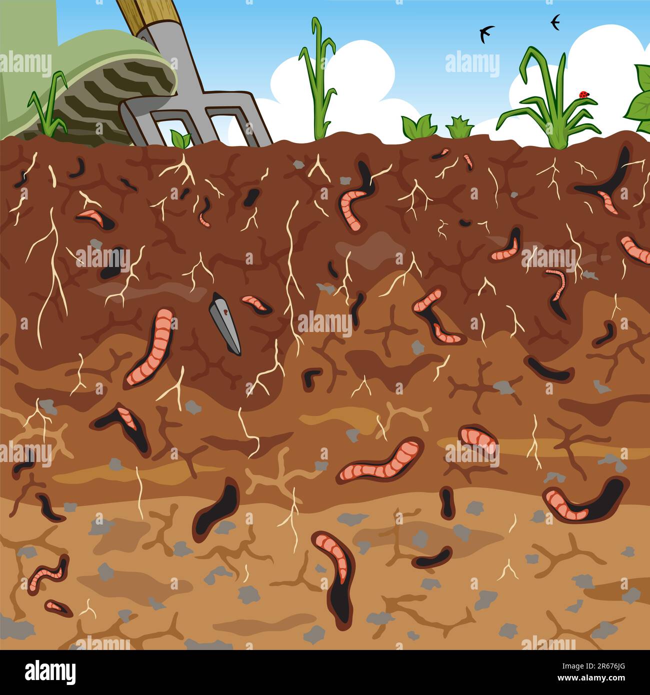 Editable vector illustration of earthworms in garden soil Stock Vector