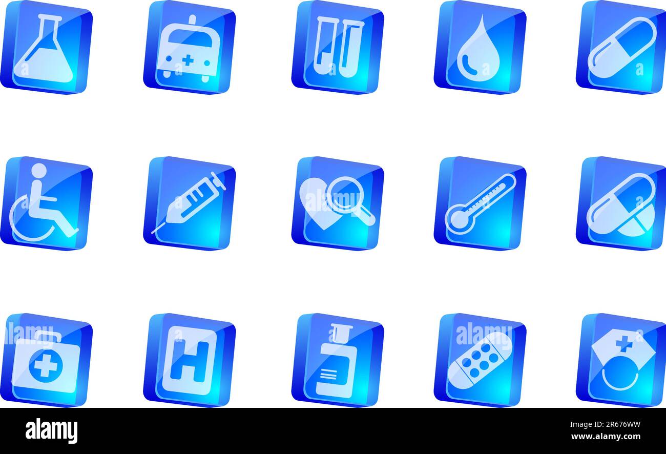 Healthcare and Pharma icons  blue transparent box series Stock Vector