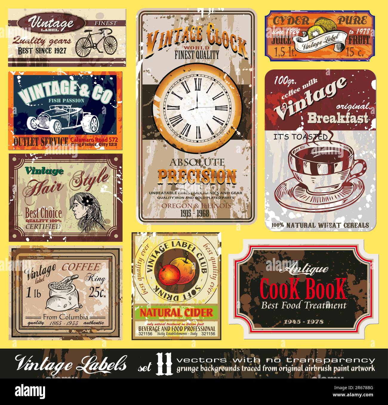 Vintage Labels Collection nine design elements with original antique
