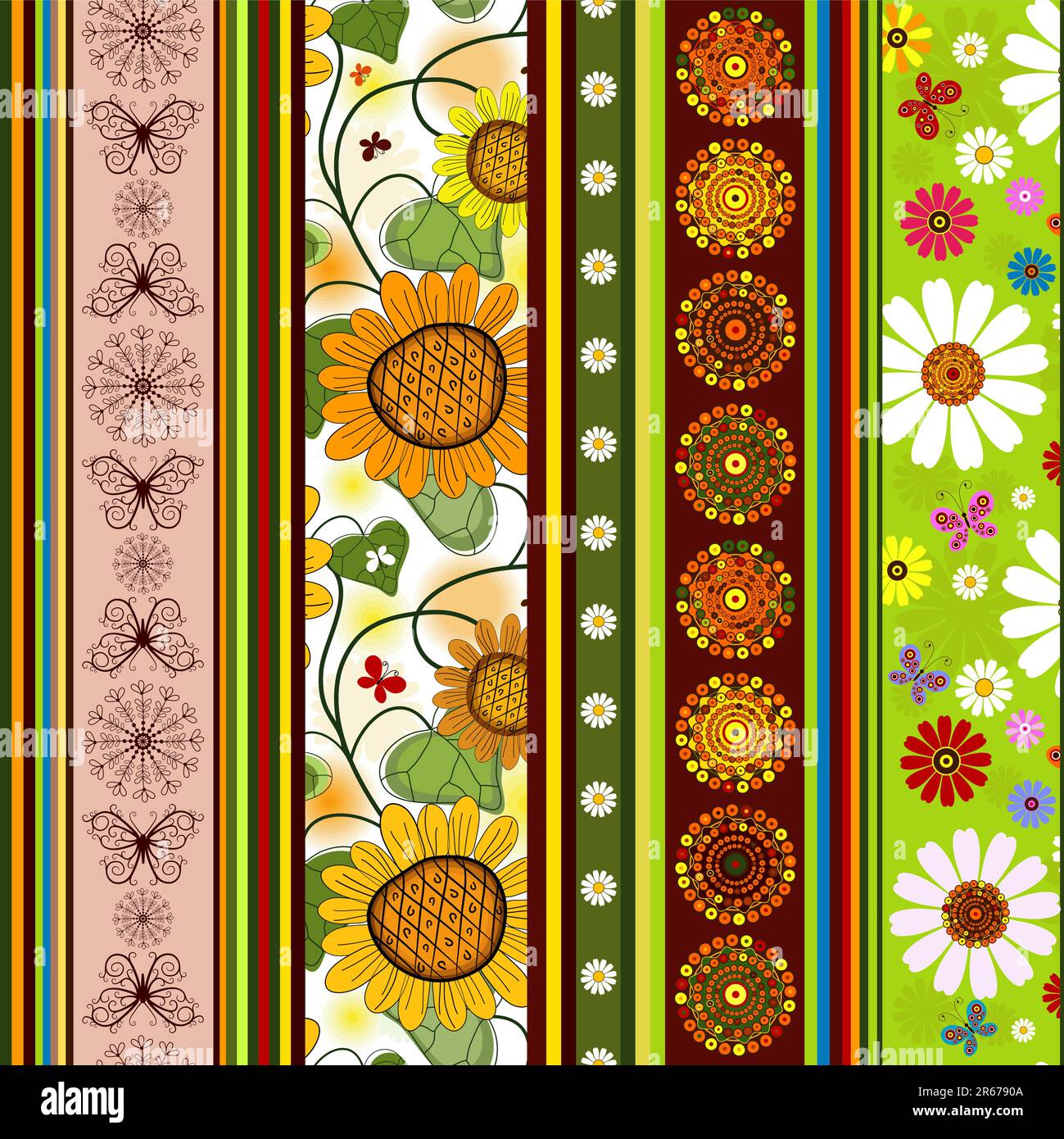 Seamless striped vivid summer pattern with floral application (vector) Stock Vector