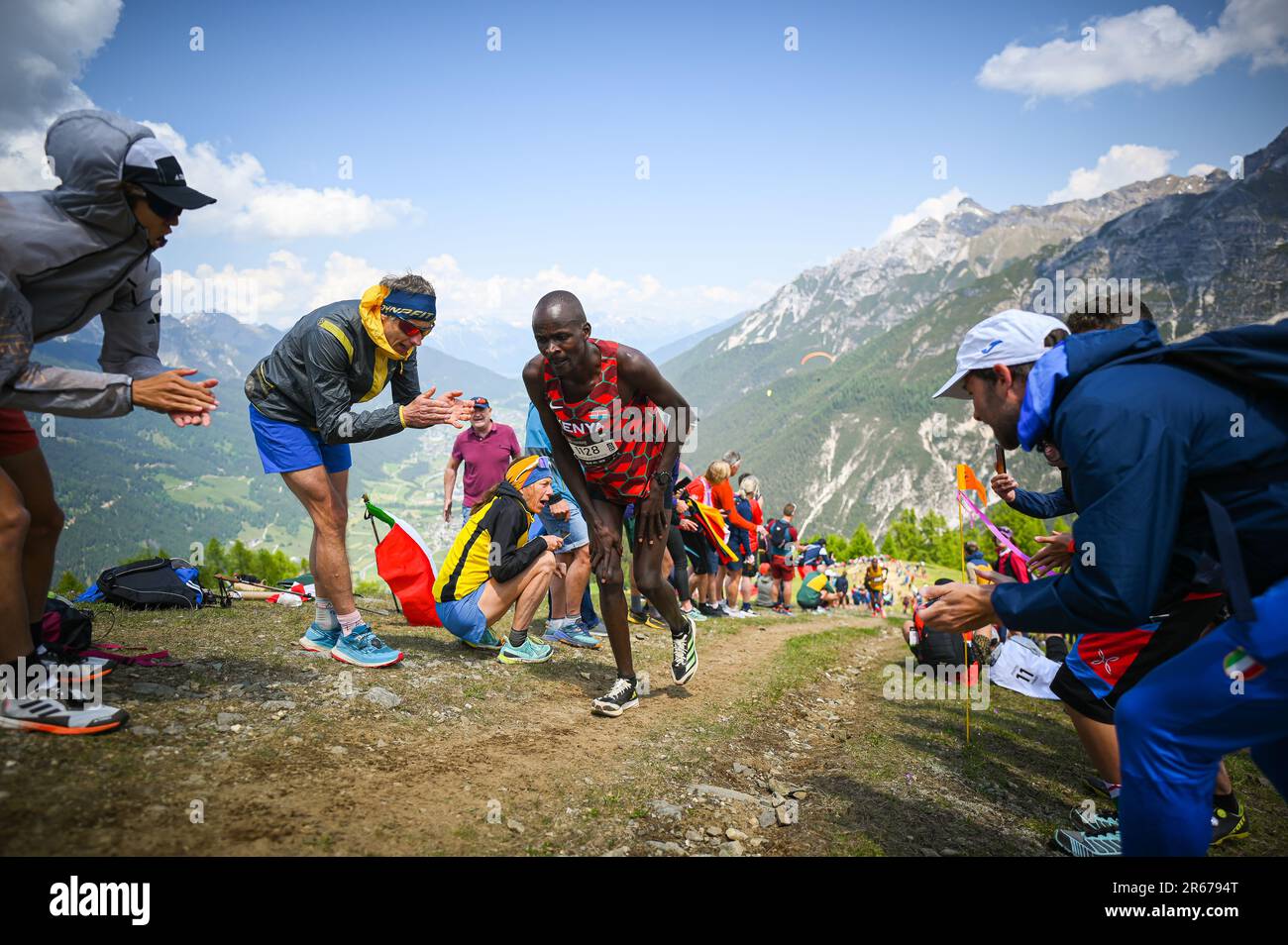 Neustift im Stubaital, Innsbruck, Tirol, Austria. 7/6/2023. World Mountain and Trail Running Championships 2023. Vertical, WC opener. Race profile: 7,1 km length, 1.020 mt D+. Track composition: 81% trail, 9% gravel, 10% tarmac. In the picture bib 1128 Josphat KIPROTICH (KEN), M 3th. Damiano Benedetto /Alamy Live News Stock Photo