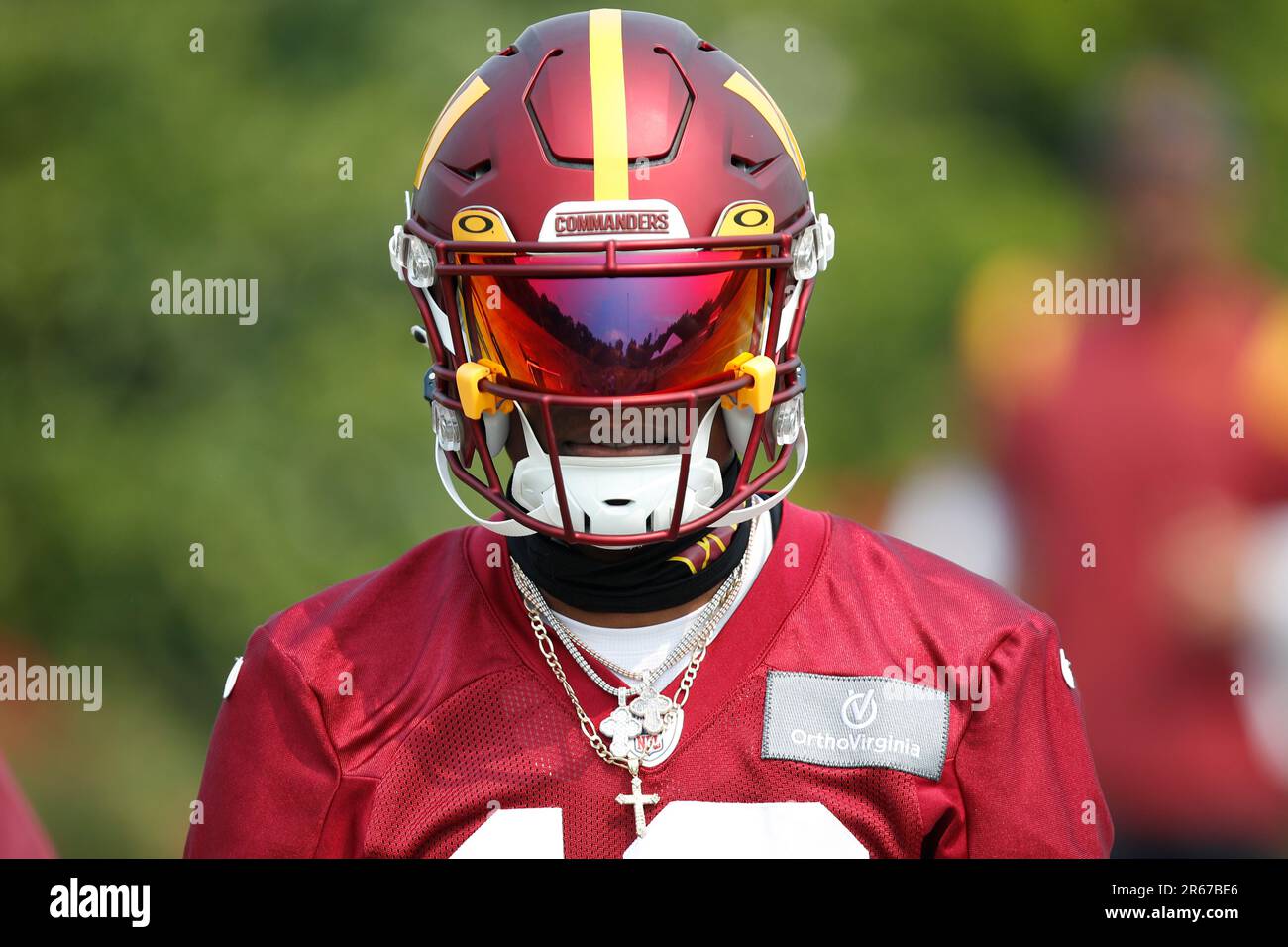 Washington Commanders cornerback Emmanuel Forbes Jr. walks to the field