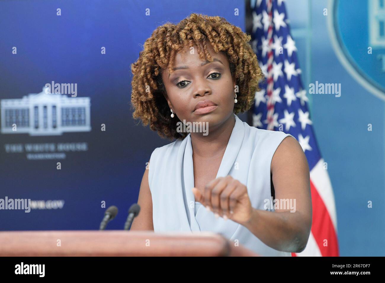 June 7, 2023, Washington, Distric of Columbia, USA: White House Press Secretary KARINE JEAN PIERRE speaks during a press conference today on June 07, 2023 at Brady Room/White House in Washington DC, USA. (Credit Image: © Lenin Nolly/ZUMA Press Wire) EDITORIAL USAGE ONLY! Not for Commercial USAGE! Stock Photo