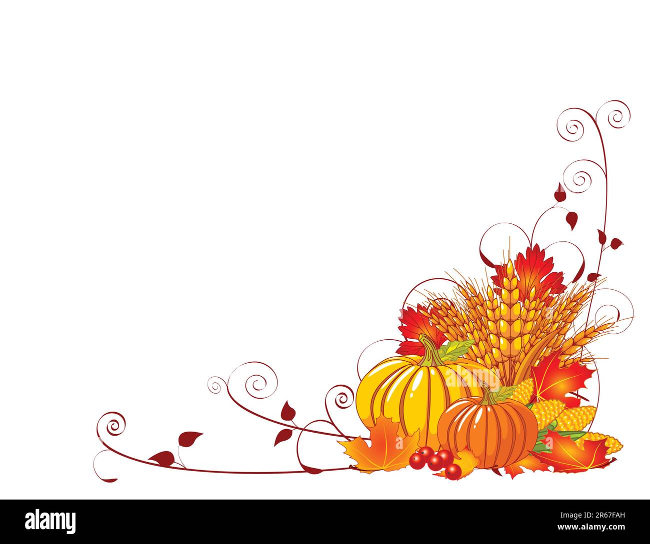 Seasonal background with plump pumpkins, wheat, corn and autumn leaves Stock Vector