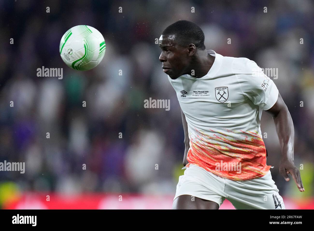 West Ham's Kurt Zouma heads the ball during the Europa Conference